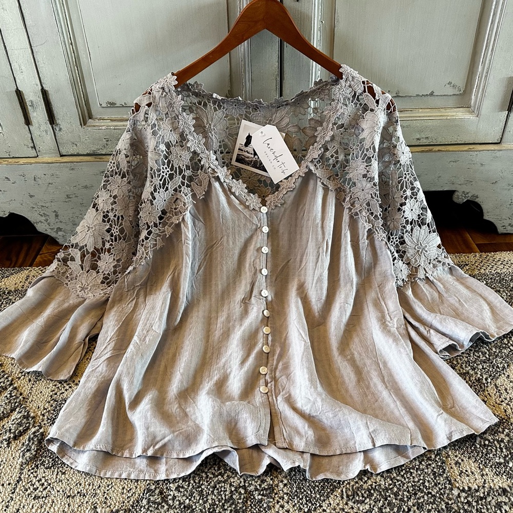 New Boho Grey Lace Festival Button Front Blouse Western Boutique Vintage